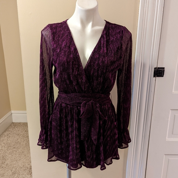 Lulus Pants - Lulu's Wow Factor Purple Metallic Surplice Romper size Medium